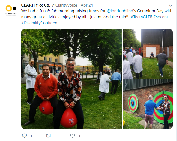 Clarity & Co. Tweet: We had a fun & fab morning raising funds for @LondonBlind's Geranium Day with many great activities enjoyed by all - just missed the rain!!! #TeamGLFB #socent #DisabilityConfident. Picture 1 - two people bouncing on space hoppers. Picture 2 - Man kicking a ball towards a person in goal. Picture 3 - Man throwing a dart at a target