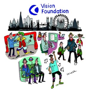 illustration for the DSC Great Giving Award showing blind and partially sighted people in different poses and activities