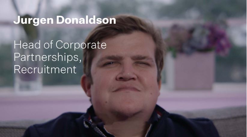 A still of Jurgen Donaldson with text displaying his name and job title: Head of Corporate Partnerships, Recruitment
