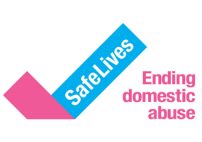 SafeLives logo a pink and blue graphic with the words Ending domestic abuse