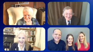 Stephen Fry, Dame Judi Dench and Hayley Mills with Eleanor Stollery and her parents Tim and Kelly. Four way Zoom call screenshot.
