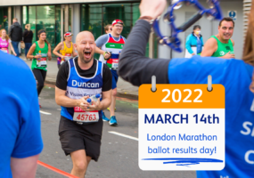 Team Vision runner, Duncan, cheering as he runs towards some Vision Foundation supporters in the crowd. There is a graphic of a calendar with “March 14th London Marathon ballot results day!” underlined.