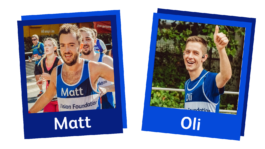 Photos of runners Matt (brunette man in his 30s with facial hair) and Oli (dirty blonde man in his late 20s) running in the marathon..