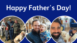 Collage of the 3 dads, Chris, Olly and Amit in photos with their children. Text: Happy Father's Day