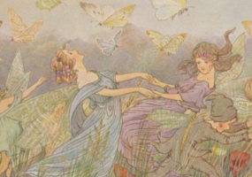 An illustration from 'The Rose Fyleman Fairy Book'. A scene of young fairy children with twinkling wings, 4 girls and 1 boy. The girls wear flowy, pastel coloured dresses and the boy wears a grey shirt and trousers, with a grey hat. They dance in a meadow and are surrounded by pale yellow and green butterflies, who are half of their size.