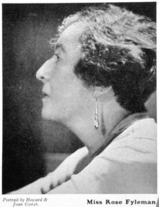 Black and white photo of Rose Fyleman. A side profile photo, showing Rose's short up-do and drop earrings.