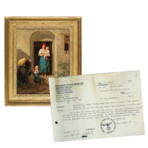 The Compassionate Child (The Beggar) by Ferdinand Georg Waldmüller in a gilded gold frame. Beside it is a Nazi revenue document, claiming the paintings. 