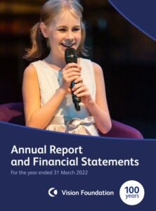 The front cover of our latest Annual Report 2021-2022, featuring a picture of 11 year old Eleanor Stollery performing at our See My Skills gala in May 2022. 