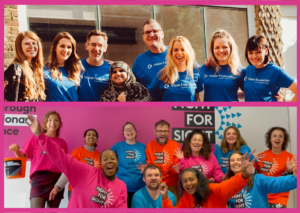 A collage of two photos of the Vision Foundation and Fight for Sight teams. Both are in branded t-shirts, smiling and laughing for the camera