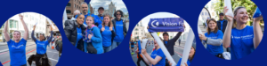 Banner featuring four photos of Vision Foundation cheerers in blue t-shirts. They are all smiling.