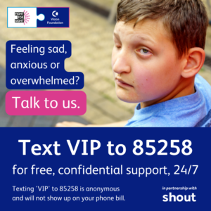 A white, visually impaired teenage boy is sitting and looking over his shoulder, facing towards the camera with a straight-faced expression. He has short, sandy brown hair. Text: “Feeling sad, anxious, or overwhelmed? Talk to us. Text VIP to 85258 for free, confidential support, 24/7. Texting 'VIP' to 85258 is anonymous and will not show up on your phone bill. Vision Foundation and Fight for Sight, in partnership with Shout".