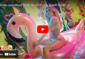 Screenshot of Love Island's YouTube preview of Molly Marsh's self-description. Molly, a young, petite blonde woman, is perched on an inflatable flamingo.