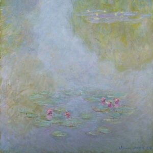 Waterlilies by Claude Monet. A low contrast rendering of a lily pond. The colours are murky but the painting is clear