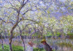 Claude Monet's "The Springtime" - A colourful rendering of a couple sitting in a grassy field beneath a tree adorned with purple flowers.