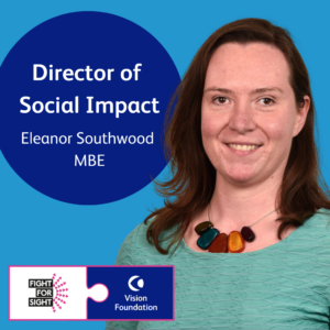 Text: Director of Social Impact, Eleanor Southwood MBE. ID: Headshot of Eleanor, against a blue background. Eleanor is a white woman with dark brown hair which falls past her shoulders. She is wearing a teal green jumper with a colourful chunky beaded necklace. 