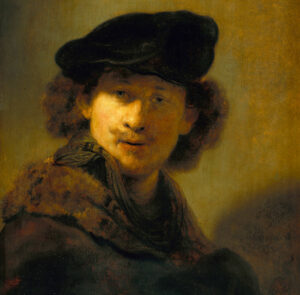 Self-portrait of Rembrandt, a young white man with misaligned eyes in a beret.