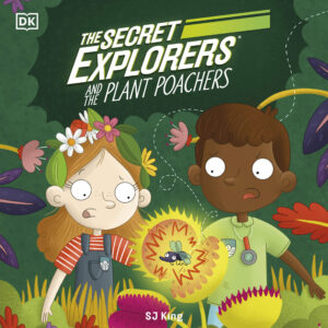 Book cover featuring two children looking awe-struck at a venus fly trap that is glowing.