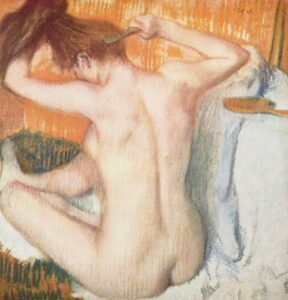 A nude woman painted from behind, sitting and combing her hair. 