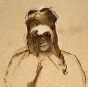 A brown sketch of a woman using opera glasses.