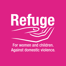 The Refuge Logo, a pink square with an outstretched white hand, palm up as if holding the word 'Refuge'. Beneath are the words For women and children. Against domestic violence. 