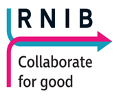 In black the words RNIB and Collaborate for Good with blue and pink arrows meeting together
