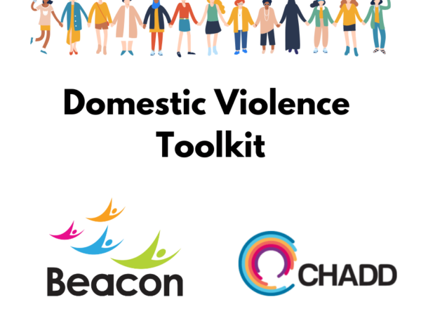 A graphic of a group of people standing in a line holding hands. Below are the words Domestic Violence Toolkit and the Beacon and CHADD logos