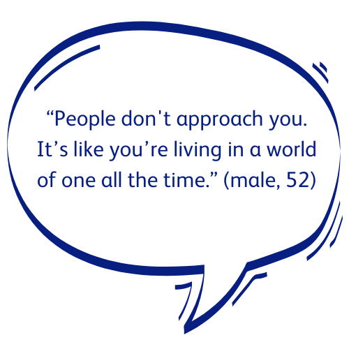 A blue speech bubble with the words: People don't approach you. It's like you're living in a world of one all the time. Male, 52.